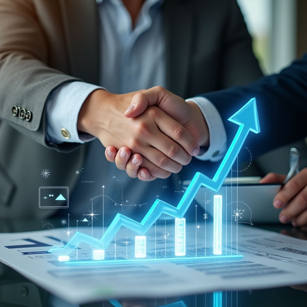 Business partners shaking hands with a holographic growth chart over project documents